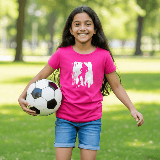 Girl wearing football girl's t-shirt - Young player with paint silhouette design