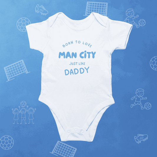 Born to Love Man City Baby Romper | Tiny Citizens Bodysuit - Future Etihad Star