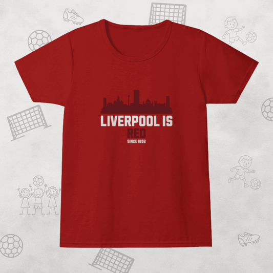 Liverpool is Red T-Shirt Girls - Red crew neck design with Liverpool FC graphic front view