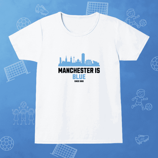 Manchester is Blue Man City Girl's Crew Neck T-Shirt front view on blue background