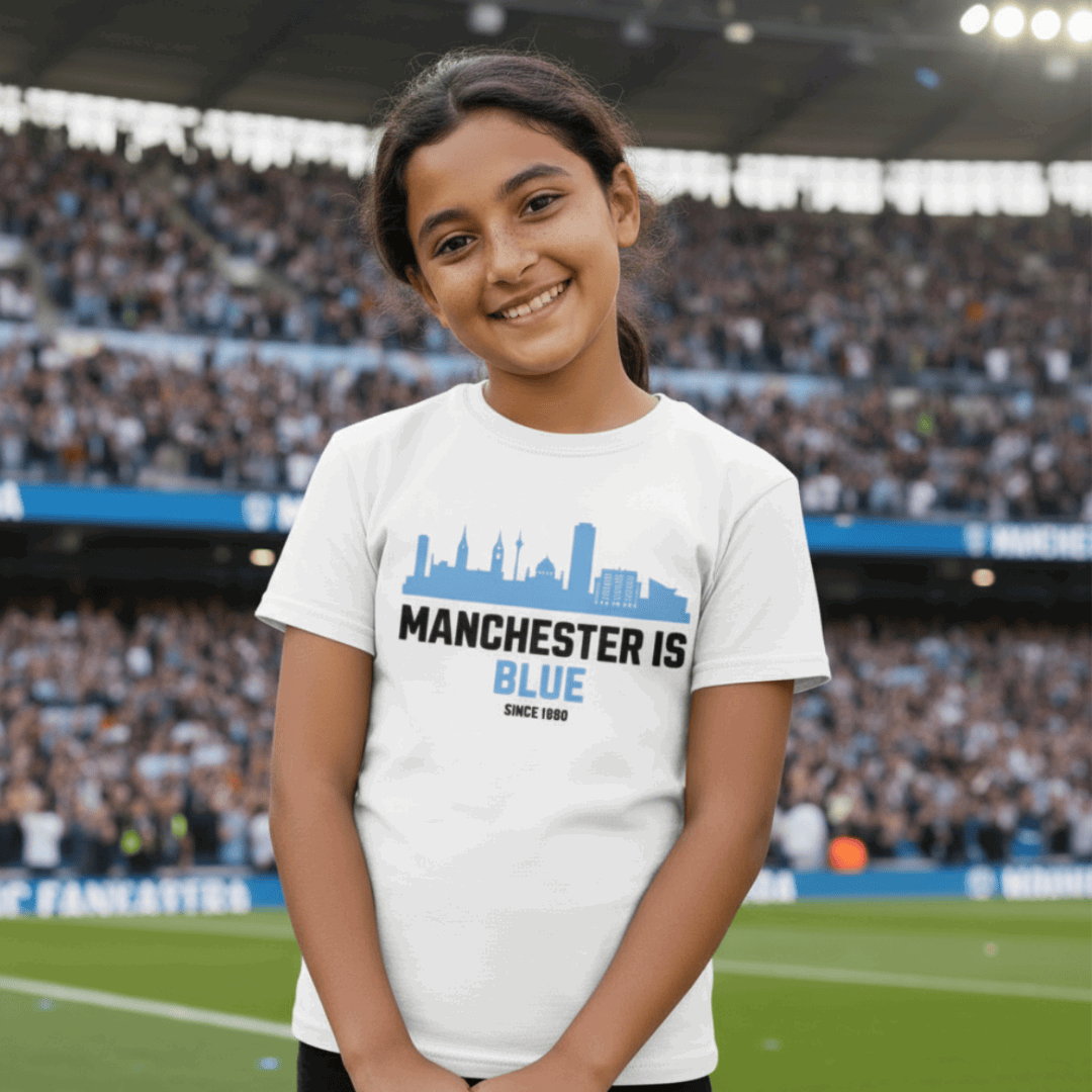 Girl wearing Manchester is Blue Man City T-Shirt at Etihad Stadium