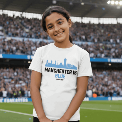 Girl wearing Manchester is Blue Man City T-Shirt at Etihad Stadium