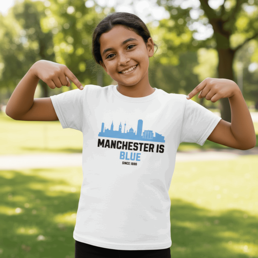 Girl showcasing Manchester is Blue Man City Girl's Crew Neck T-Shirt design
