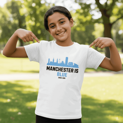 Girl showcasing Manchester is Blue Man City Girl's Crew Neck T-Shirt design