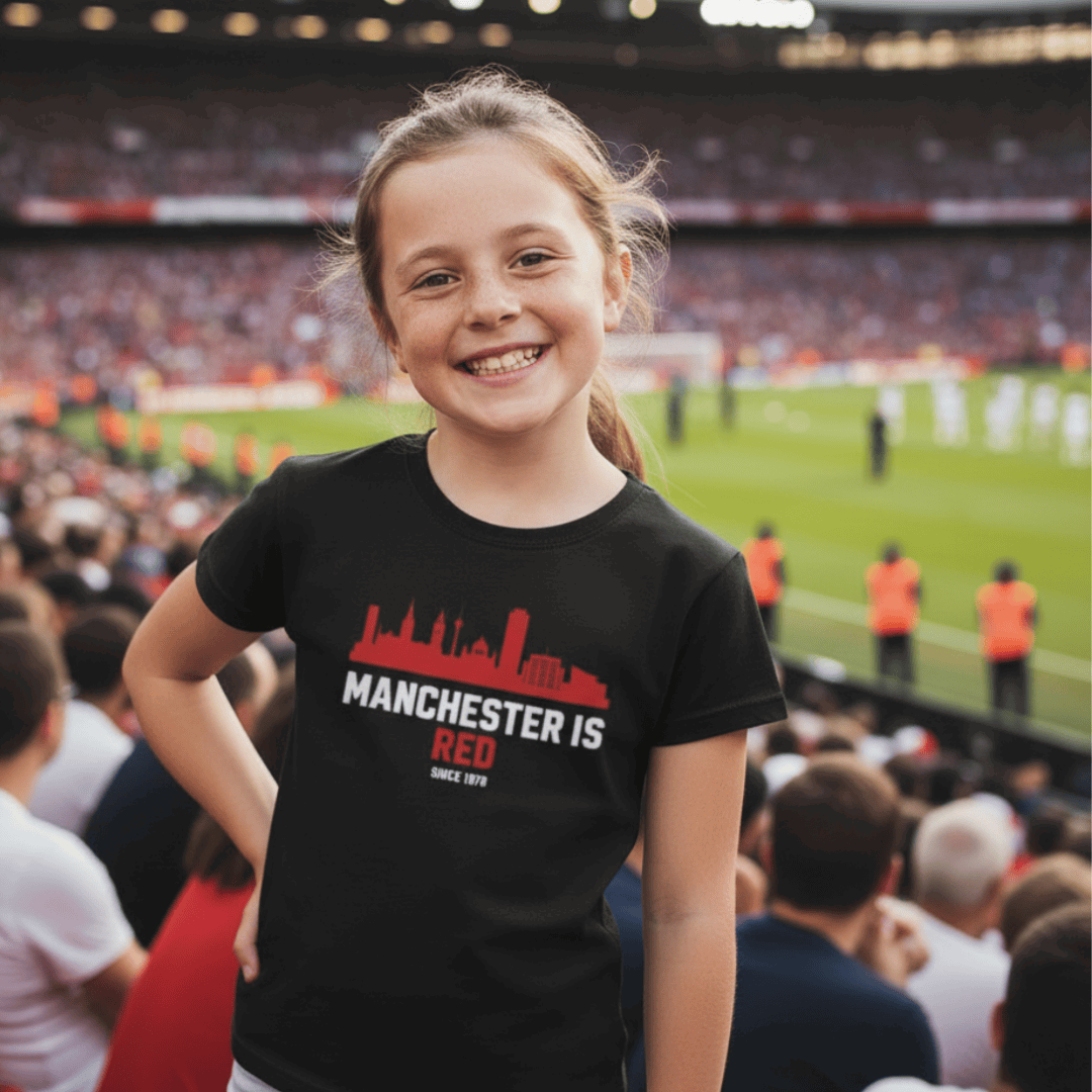 Young fan wearing Manchester is Red Man Utd Girl's Crew Neck T-Shirt