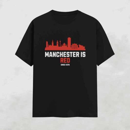 Manchester Is Red T-Shirt - Black tee with red Manchester skyline celebrating United glory