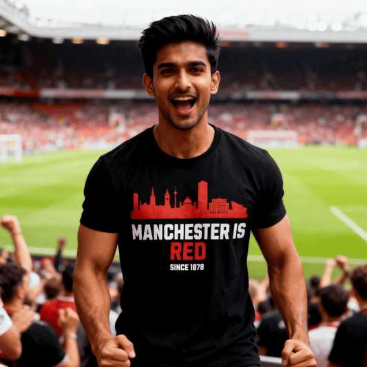 Manchester Is Red T-Shirt - Red Devils fan celebrating United pride at Old Trafford