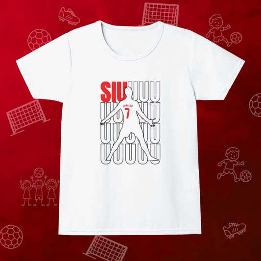 Girl's Ronaldo SIU T-Shirt featuring iconic celebration design on premium white cotton.