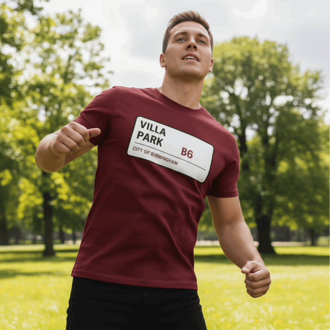 Villa Park t-shirt lifestyle Aston Villa fan wearing claret blue